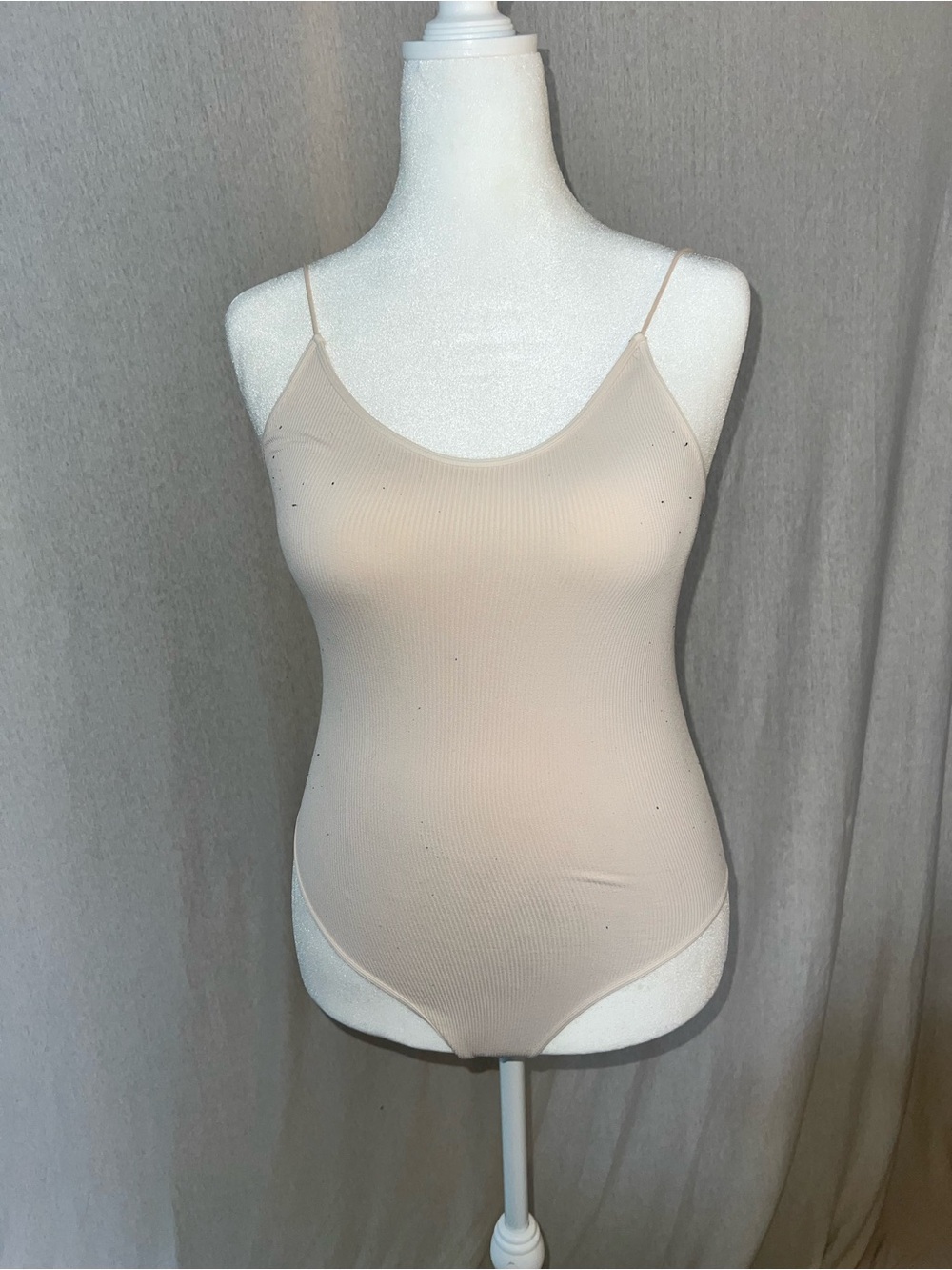 Neutral Beige Ribbed Spaghetti-Strap Bodysuit